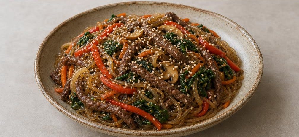 Koreanisches Japchae mit kaltgepresstem Sesamöl – Zubereitung Schritt für Schritt – Japchae anrichten