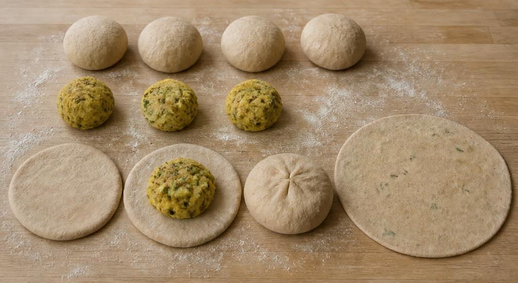 Aloo Paratha: Indisches Vollkorn-Fladenbrot mit würziger Kartoffelfüllung – Zubereitung Schritt für Schritt – Parathas formen