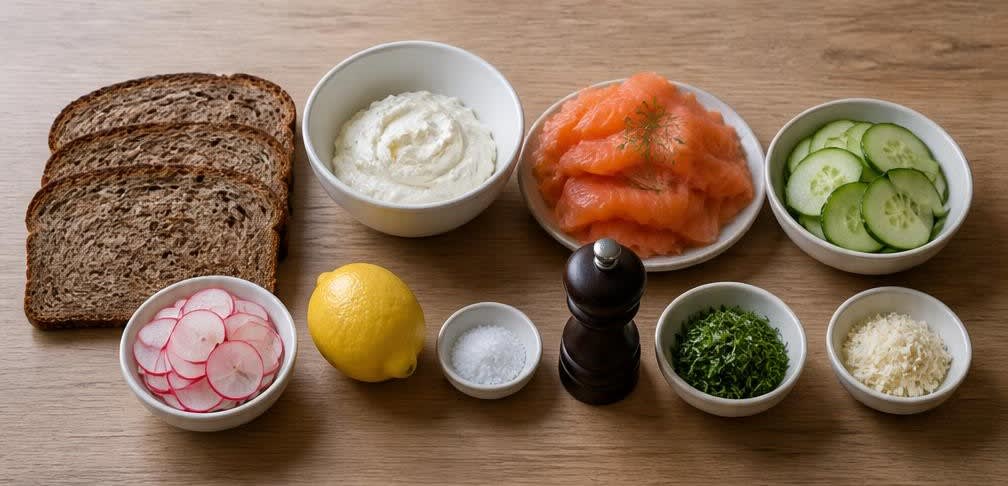 Skandinavisches Räucherlachs-Brot mit Zitronen-Frischkäse und Gurke – Zutaten