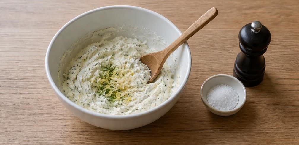 Skandinavisches Räucherlachs-Brot mit Zitronen-Frischkäse und Gurke – Zubereitung Schritt für Schritt – Zitronen-Dill-Frischkäse herstellen