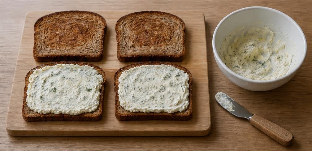 Skandinavisches Räucherlachs-Brot mit Zitronen-Frischkäse und Gurke – Zubereitung Schritt für Schritt – Frischkäse auf Brot streichen