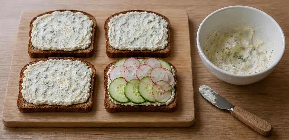 Skandinavisches Räucherlachs-Brot mit Zitronen-Frischkäse und Gurke – Zubereitung Schritt für Schritt – Gemüse auflegen