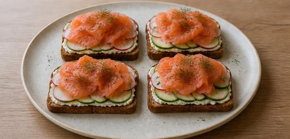 Skandinavisches Räucherlachs-Brot mit Zitronen-Frischkäse und Gurke – Zubereitung Schritt für Schritt – Anrichten
