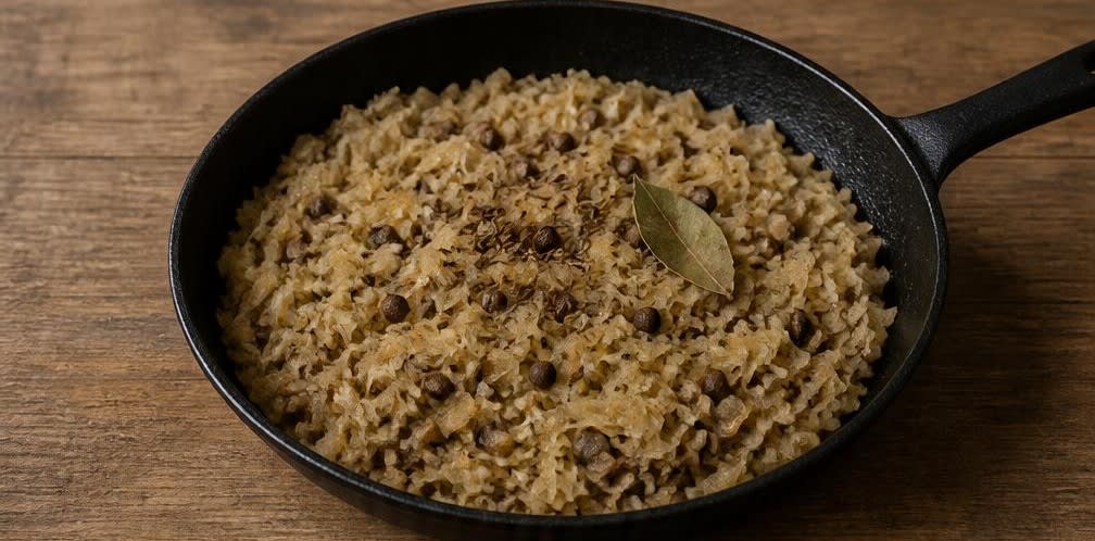 Osteuropäische Piroggen mit Sauerkraut-Pilz-Füllung – Zubereitung Schritt für Schritt – Füllung schmoren