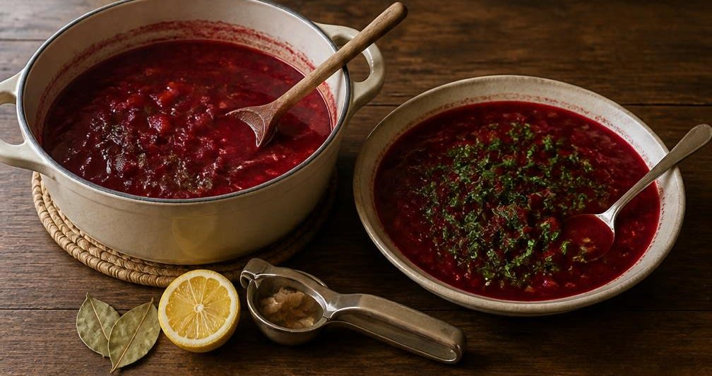 Veganer Borschtsch mit schonend gegarter Roter Bete – Zubereitung Schritt für Schritt – Borschtsch abschmecken und anrichten