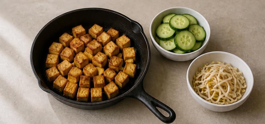 Gado-Gado Gemüseteller mit Erdnusssoße – Zubereitung Schritt für Schritt – Tofu braten und Gemüse vorbereiten