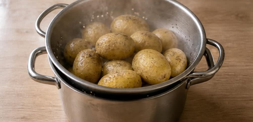 Pellkartoffeln mit Kräuter-Magerquark und Leinsamen – Zubereitung Schritt für Schritt – Kartoffeln abgießen