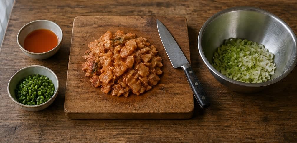 Knusprige Kimchi-Pfannkuchen (Kimchijeon) – Zubereitung Schritt für Schritt – Kimchi und Frühlingszwiebeln vorbereiten