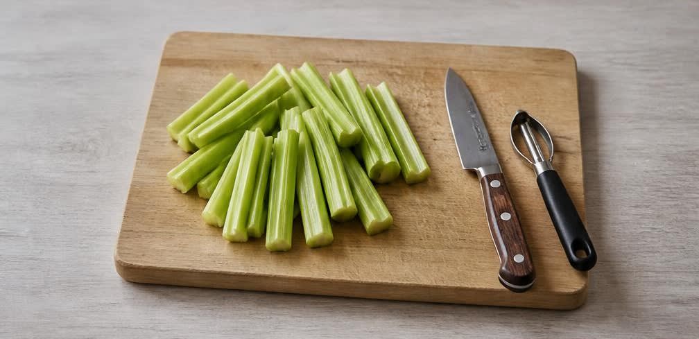 Knackige Sellerie-Sticks mit cremiger Erdnussbutter – Zubereitung Schritt für Schritt – Sellerie vorbereiten