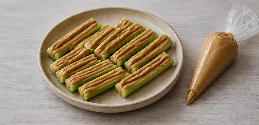 Knackige Sellerie-Sticks mit cremiger Erdnussbutter – Zubereitung Schritt für Schritt – Sellerie-Sticks füllen
