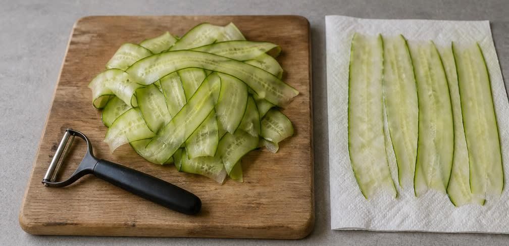 Skandinavische Gurken-Röllchen mit Kräuter-Frischkäse – Zubereitung Schritt für Schritt – Gurken vorbereiten