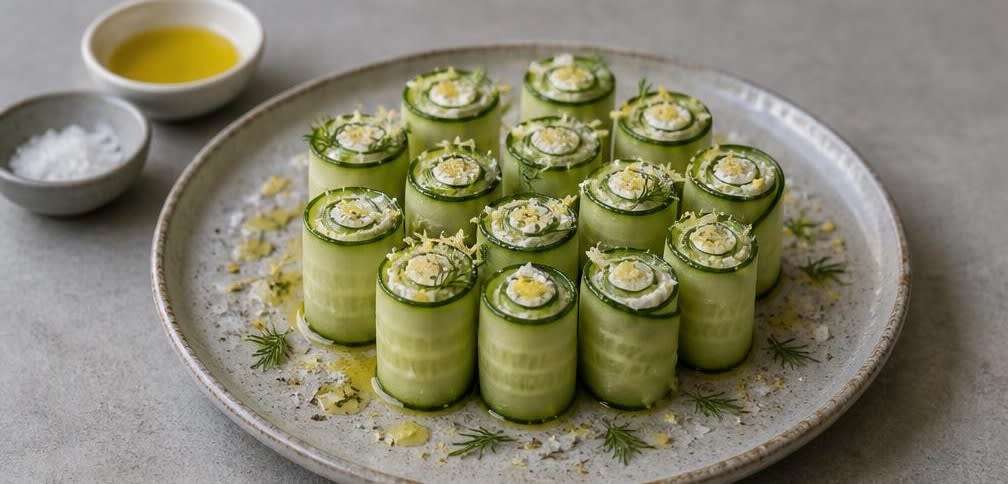 Skandinavische Gurken-Röllchen mit Kräuter-Frischkäse – Zubereitung Schritt für Schritt – Anrichten und servieren
