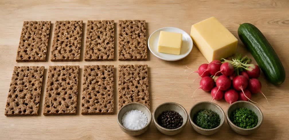 Skandinavisches Knäckebrot mit Butter, Gouda am Stück und Radieschen – Zutaten
