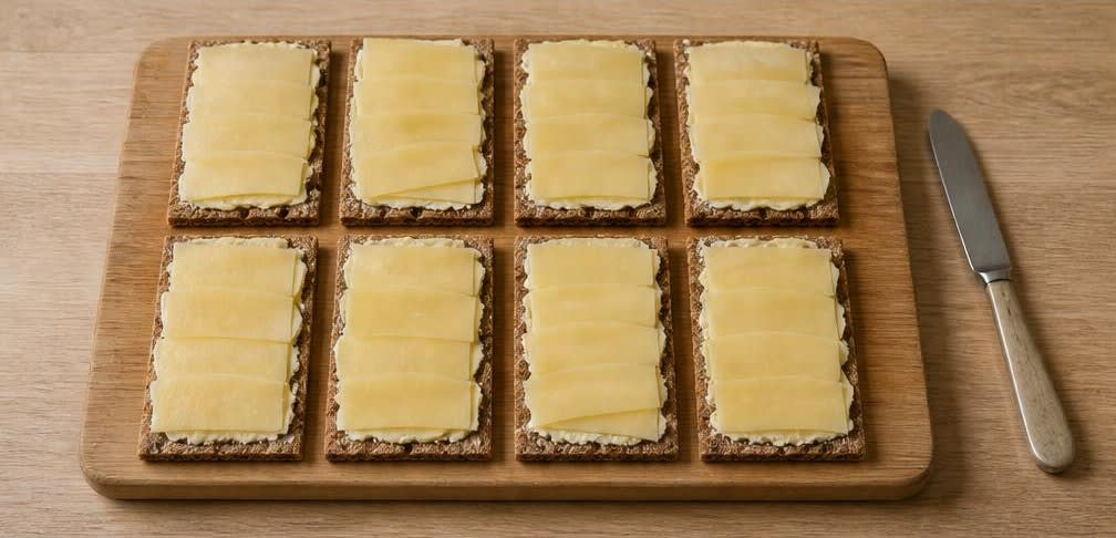 Skandinavisches Knäckebrot mit Butter, Gouda am Stück und Radieschen – Zubereitung Schritt für Schritt – Knäckebrot belegen
