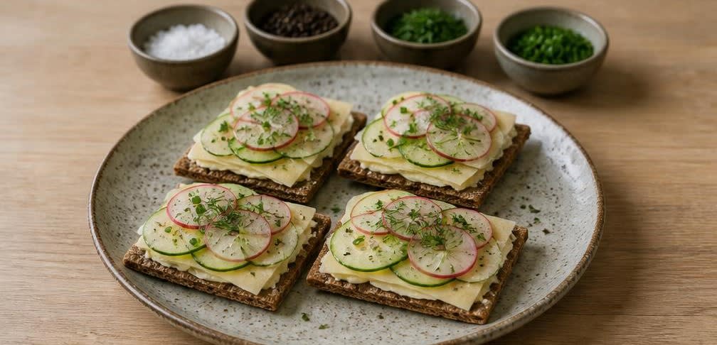 Skandinavisches Knäckebrot mit Butter, Gouda am Stück und Radieschen – Zubereitung Schritt für Schritt – Anrichten