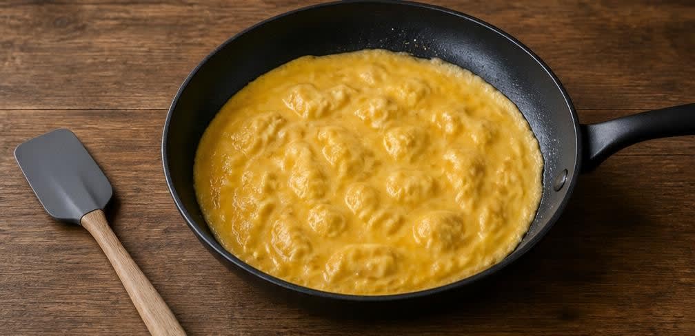 Französisches Omelett mit Champignons und Gouda – Zubereitung Schritt für Schritt – Omelett stocken lassen