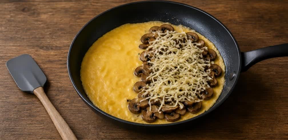 Französisches Omelett mit Champignons und Gouda – Zubereitung Schritt für Schritt – Omelett füllen