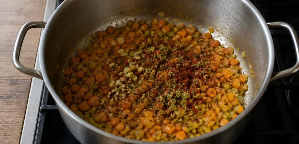 Vollkornnudeln mit reichhaltiger Linsen-Bolognese – Zubereitung Schritt für Schritt – Aromen mitrösten