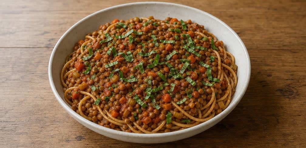 Vollkornnudeln mit reichhaltiger Linsen-Bolognese – Zubereitung Schritt für Schritt – Anrichten