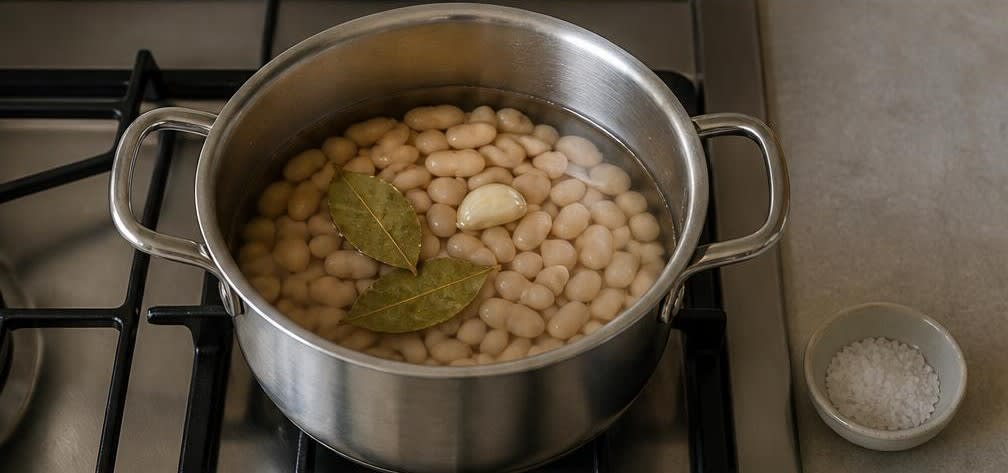 Toskanisches Thunfisch-Steak auf lauwarmem Bohnen-Sellerie-Salat – Zubereitung Schritt für Schritt – Bohnen erwärmen