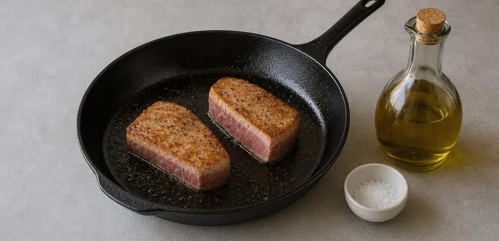 Toskanisches Thunfisch-Steak auf lauwarmem Bohnen-Sellerie-Salat – Zubereitung Schritt für Schritt – Thunfisch anbraten