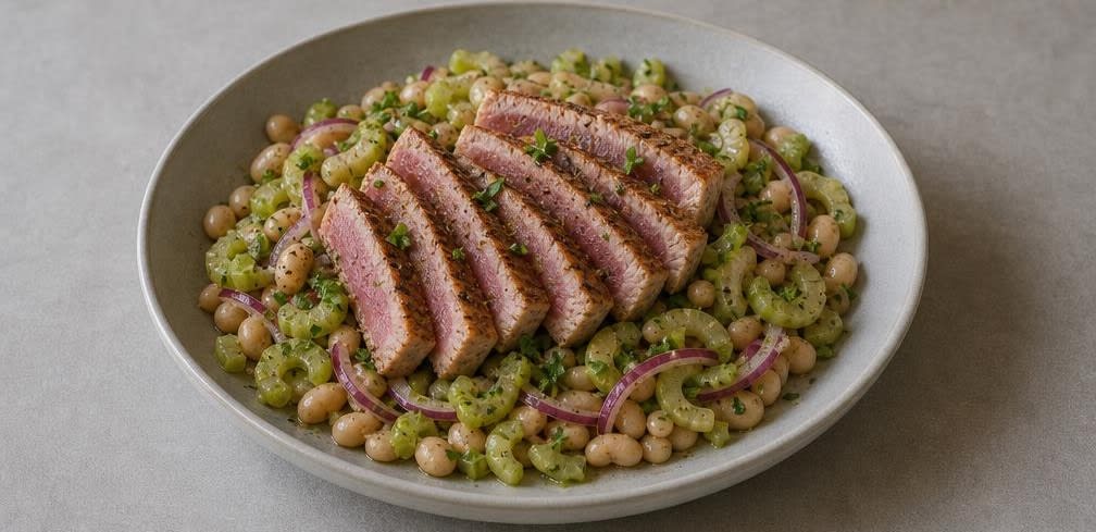 Toskanisches Thunfisch-Steak auf lauwarmem Bohnen-Sellerie-Salat – Zubereitung Schritt für Schritt – Anrichten
