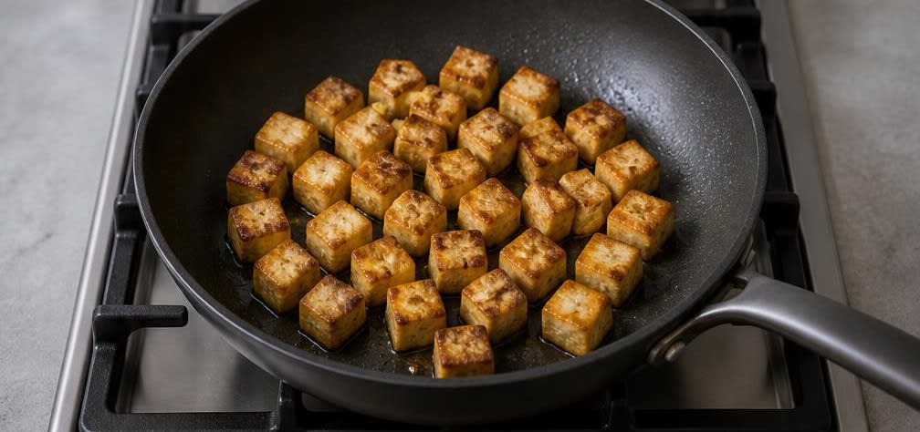 Japanischer Tofu mit grünen Bohnen und Röstsesam – Zubereitung Schritt für Schritt – Tofu anbraten