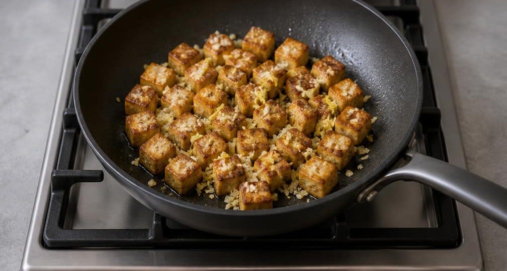 Japanischer Tofu mit grünen Bohnen und Röstsesam – Zubereitung Schritt für Schritt – Knoblauch und Ingwer mitbraten