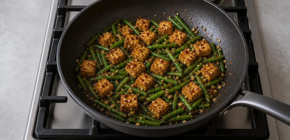 Japanischer Tofu mit grünen Bohnen und Röstsesam – Zubereitung Schritt für Schritt – Bohnen hinzufügen und ablöschen