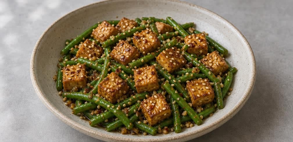 Japanischer Tofu mit grünen Bohnen und Röstsesam – Zubereitung Schritt für Schritt – Anrichten