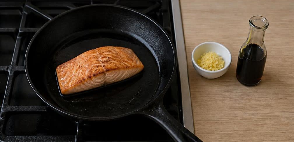 Onigiri aus unpoliertem Reis mit gegrilltem Lachs – Zubereitung Schritt für Schritt – Lachs anbraten