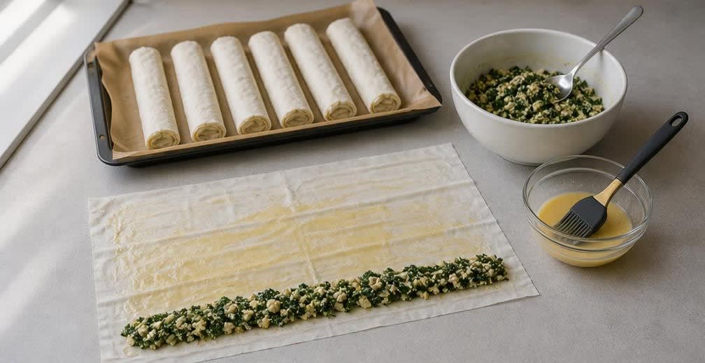 Börek mit blanchiertem Spinat und Feta – Zubereitung Schritt für Schritt – Börek rollen
