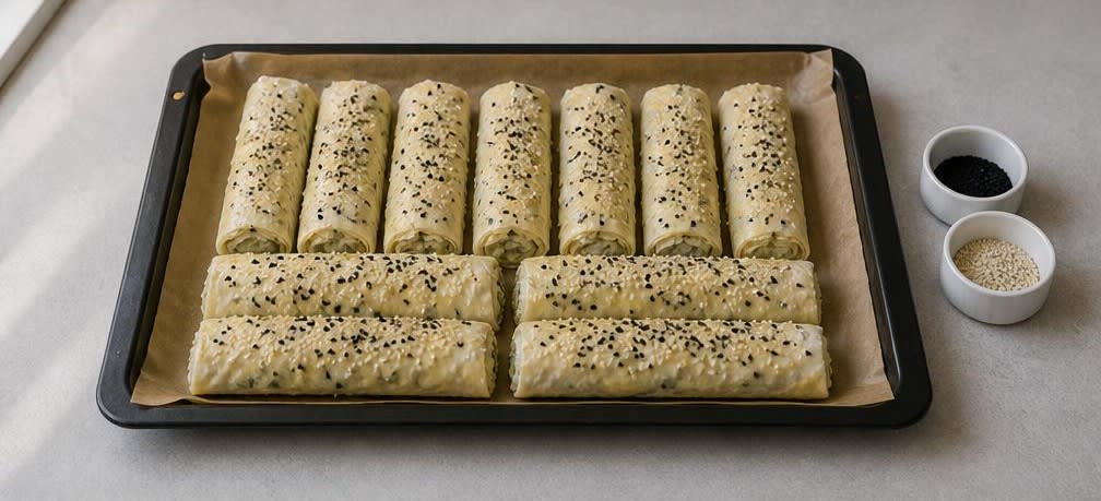 Börek mit blanchiertem Spinat und Feta – Zubereitung Schritt für Schritt – Börek bestreichen und bestreuen