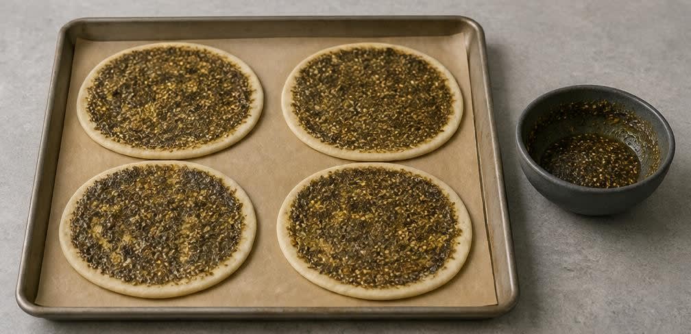Libanesische Manakish mit Za'atar und geröstetem Sesam – Zubereitung Schritt für Schritt – Fladen bestreichen
