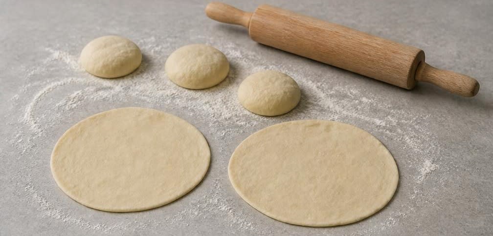 Libanesische Manakish mit Za'atar und geröstetem Sesam – Zubereitung Schritt für Schritt – Fladen ausrollen