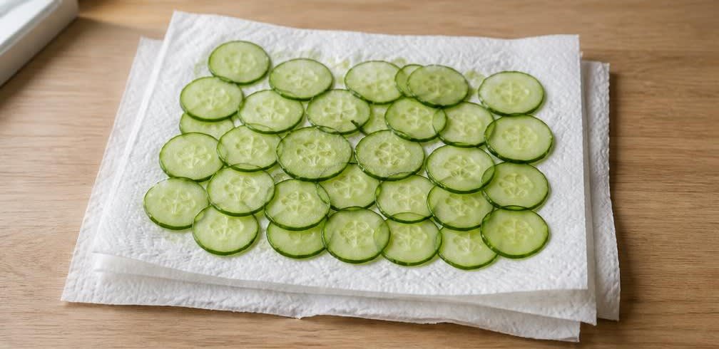 Klassisches britisches Gurken-Sandwich mit Zitronen-Frischkäse – Zubereitung Schritt für Schritt – Gurke trockentupfen
