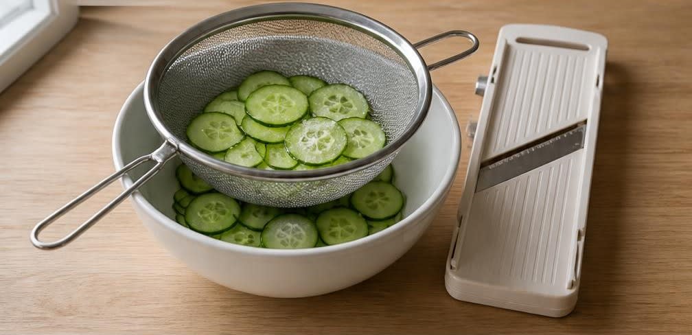 Klassisches britisches Gurken-Sandwich mit Zitronen-Frischkäse – Zubereitung Schritt für Schritt – Gurke entwässern