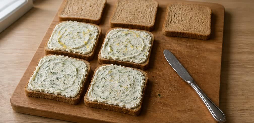 Klassisches britisches Gurken-Sandwich mit Zitronen-Frischkäse – Zubereitung Schritt für Schritt – Brotscheiben bestreichen