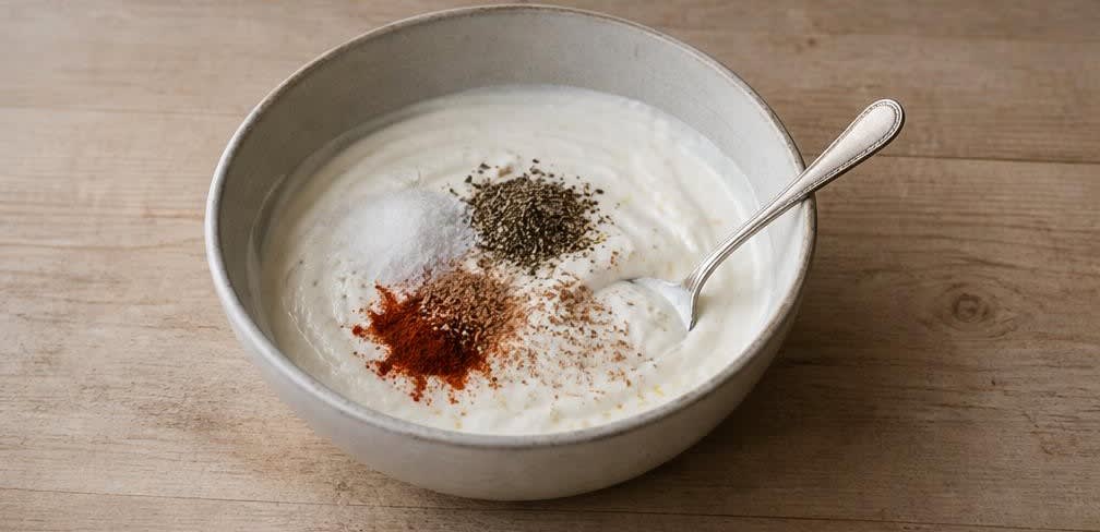 Cremiger Kräuter-Quarkdip mit knackigen Gemüsesticks – Zubereitung Schritt für Schritt – Gewürze unterrühren