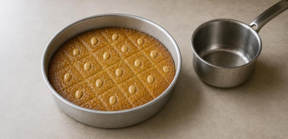 Ägyptische Basbousa mit Joghurt und Kokos – Zubereitung Schritt für Schritt – Sirup übergießen