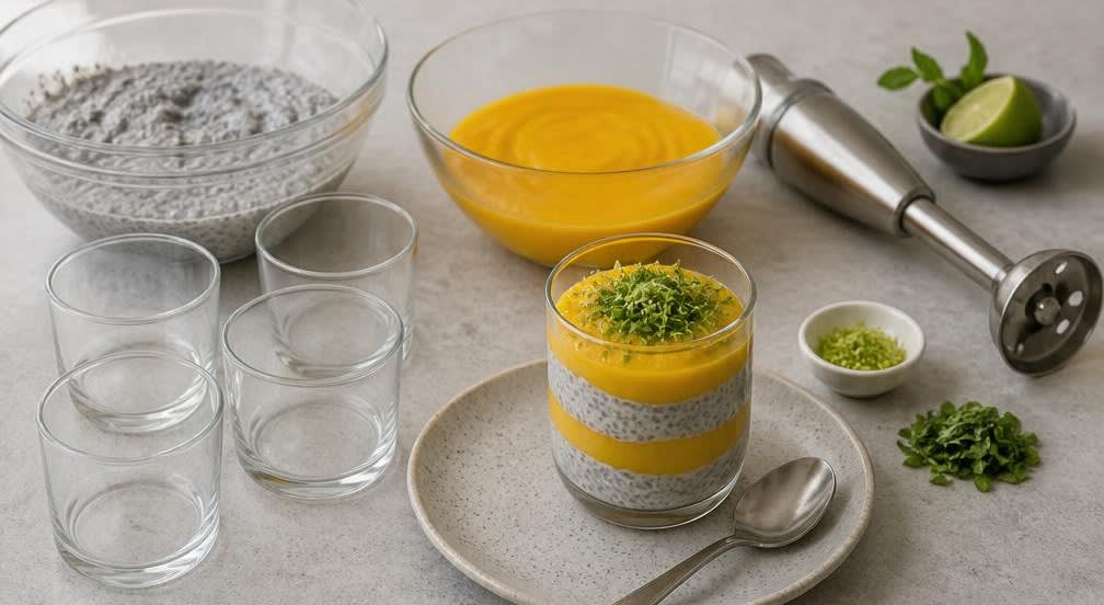Chia-Pudding mit Mango und Kokosmilch – Zubereitung Schritt für Schritt – Anrichten