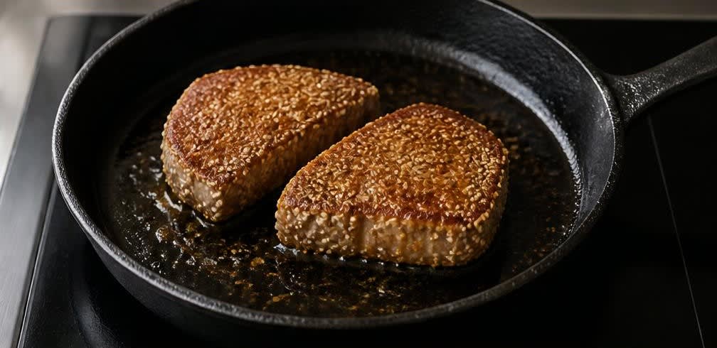 Kurzgebratener Thunfisch mit Shiitake und Mungbohnensprossen – Zubereitung Schritt für Schritt – Thunfisch braten