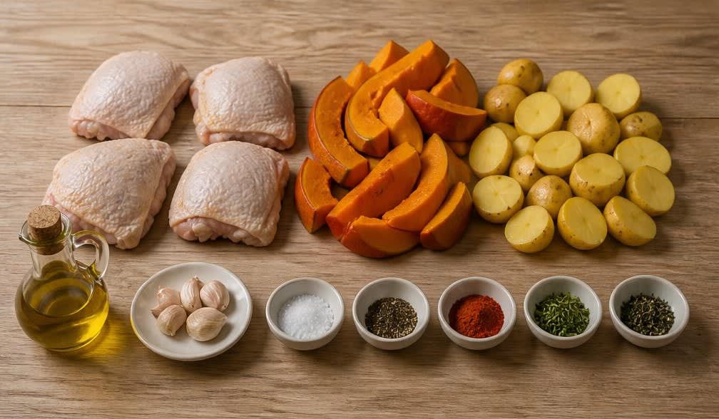 Britisches Ofenhähnchen mit Kürbis und Kartoffeln vom Blech – Zutaten