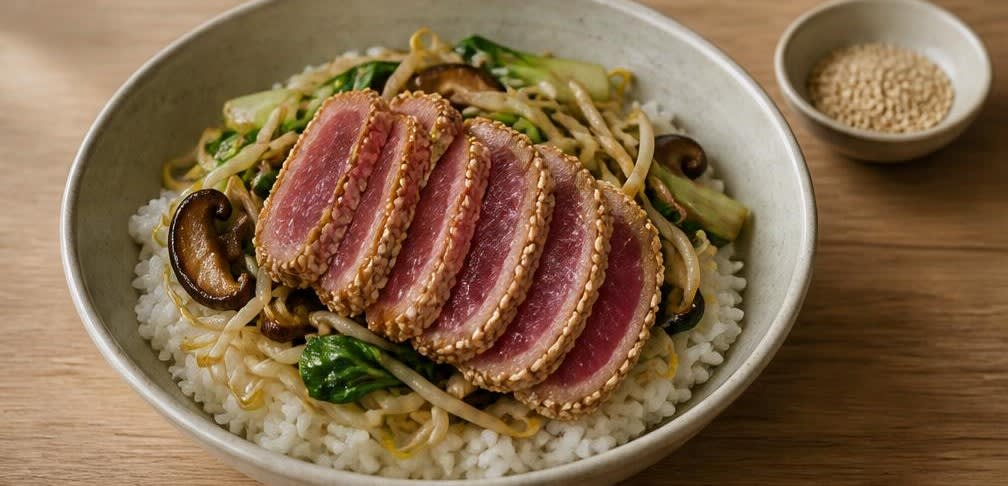 Kurzgebratener Thunfisch mit Shiitake und Mungbohnensprossen – Zubereitung Schritt für Schritt – Anrichten