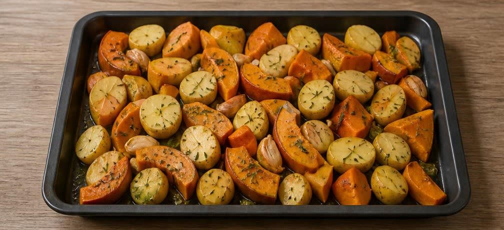 Britisches Ofenhähnchen mit Kürbis und Kartoffeln vom Blech – Zubereitung Schritt für Schritt – Gemüse vorbereiten