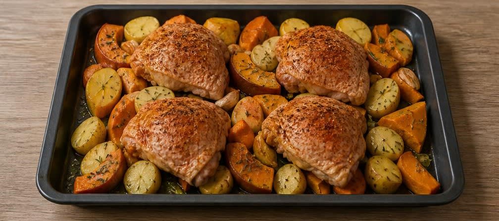 Britisches Ofenhähnchen mit Kürbis und Kartoffeln vom Blech – Zubereitung Schritt für Schritt – Blech belegen