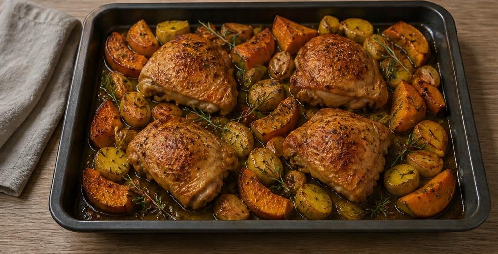 Britisches Ofenhähnchen mit Kürbis und Kartoffeln vom Blech – Zubereitung Schritt für Schritt – Anrichten