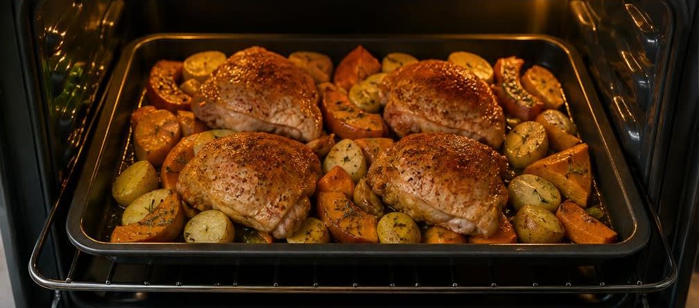 Britisches Ofenhähnchen mit Kürbis und Kartoffeln vom Blech – Zubereitung Schritt für Schritt – Im Ofen garen