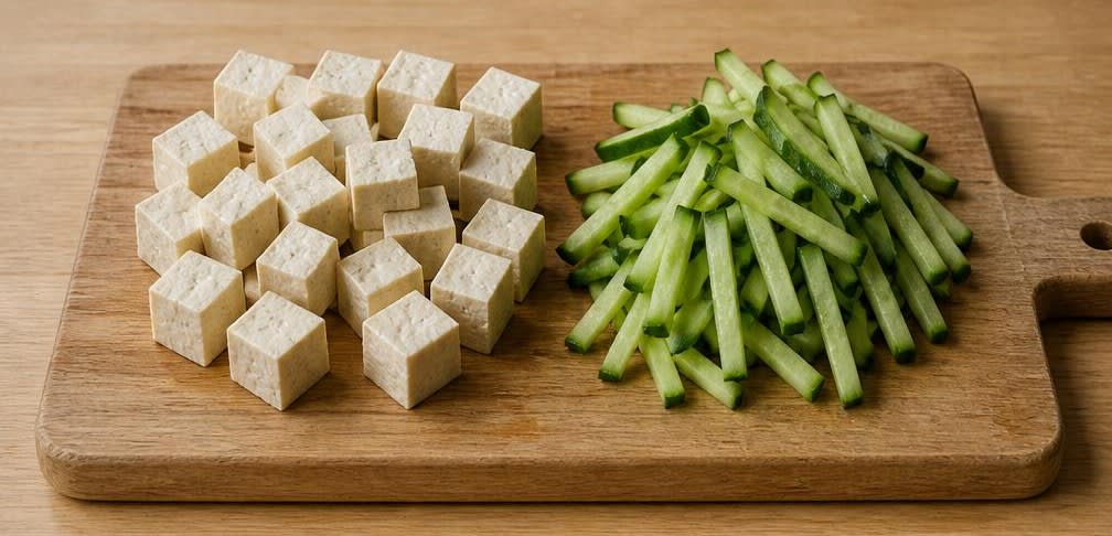 Tofu-Salat mit Sesam, Zitrone und Wakame – Zubereitung Schritt für Schritt – Tofu und Gurke vorbereiten