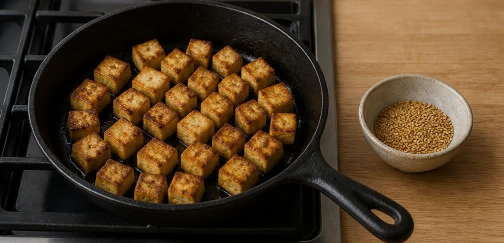 Tofu-Salat mit Sesam, Zitrone und Wakame – Zubereitung Schritt für Schritt – Tofu anbraten